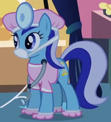 Size: 269x296 | Tagged: safe, screencap, character:minuette, episode:luna eclipsed, g4, my little pony: friendship is magic, clothing, costume, doctor, head mirror, solo