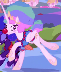 Size: 274x323 | Tagged: safe, screencap, character:princess celestia, character:princess luna, species:alicorn, species:pony, episode:the cutie re-mark, afro, alternate timeline, chaotic timeline, clown, clown celestia, clown luna, clown nose, cropped, discorded landscape, female, frolestia, lunafro, mare, outfit catalog