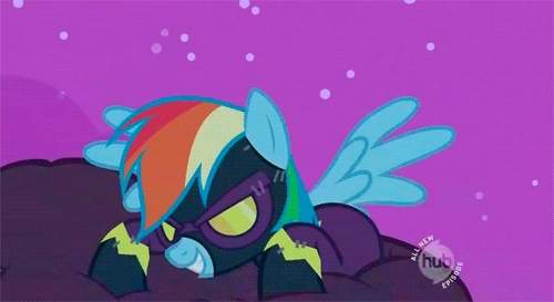 Size: 500x273 | Tagged: safe, screencap, character:rainbow dash, episode:luna eclipsed, g4, my little pony: friendship is magic, animated, clothing, cosplay, costume, hub logo, nightmare night costume, shadowbolt dash, shadowbolts, shadowbolts costume, solo