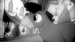 Size: 1280x720 | Tagged: safe, screencap, character:cranky doodle donkey, species:donkey, episode:a friend in deed, g4, my little pony: friendship is magic, canterlot, crankybetes, cute, monochrome, solo, young, younger