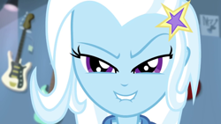 Size: 1280x720 | Tagged: safe, screencap, character:trixie, episode:guitar centered, equestria girls:rainbow rocks, g4, my little pony:equestria girls, evil grin, female, grin, lip bite, looking at you, smiling, solo