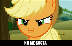 Size: 1600x1026 | Tagged: safe, screencap, character:applejack, episode:no second prances, g4, my little pony: friendship is magic, discovery family logo, me gusta, no me gusta, solo, subverted meme