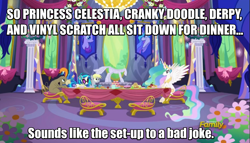 Size: 1277x729 | Tagged: safe, screencap, character:cranky doodle donkey, character:derpy hooves, character:dj pon-3, character:princess celestia, character:starlight glimmer, character:vinyl scratch, species:donkey, species:pegasus, species:pony, episode:no second prances, g4, my little pony: friendship is magic, dining room, discovery family logo, donald chirp, female, ice sculpture, image macro, mare, meme, tapestry, twilight's castle, unamused