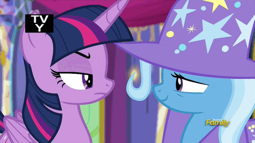 Size: 500x281 | Tagged: safe, screencap, character:trixie, character:twilight sparkle, character:twilight sparkle (alicorn), species:alicorn, species:pony, species:unicorn, episode:no second prances, g4, my little pony: friendship is magic, animated, cape, clothing, discovery family logo, duo, fake smile, female, folded wings, forced smile, glare, grin, hat, lidded eyes, long time no see, mare, narrowed eyes, rivalry, suspicious, trixie's cape, trixie's hat, twilight is not amused, unamused, wings