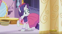 Size: 1531x841 | Tagged: safe, screencap, character:rarity, episode:no second prances, g4, my little pony: friendship is magic, clothing, discovery family logo, dress