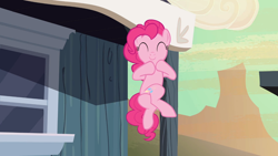 Size: 1366x768 | Tagged: safe, screencap, character:pinkie pie, episode:the last roundup, g4, my little pony: friendship is magic, crossed legs, desperation, eyes closed, in which pinkie pie forgets how to gravity, need to pee, omorashi, pinkie being pinkie, pinkie physics, potty dance, potty emergency, potty time, smiling, solo, trotting in place
