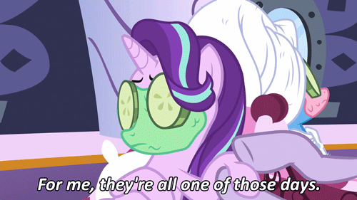 Size: 500x281 | Tagged: safe, screencap, character:starlight glimmer, character:trixie, species:pony, species:unicorn, episode:no second prances, g4, my little pony: friendship is magic, animated, caption, cucumber, female, mare, massage, mud mask, spa, text, towel