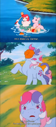 Size: 478x1080 | Tagged: safe, screencap, character:sweet stuff, species:earth pony, species:pony, species:sea pony, episode:sweet stuff and the treasure hunt, g1, my little pony 'n friends, bow, polo, subtitles, sun shower, tail bow, water lily (g1)