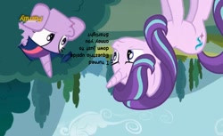 Size: 867x529 | Tagged: safe, screencap, character:starlight glimmer, character:twilight sparkle, character:twilight sparkle (alicorn), species:alicorn, species:pony, episode:no second prances, g4, my little pony: friendship is magic, annoyed, bush, discovery family logo, female, hiding, mare, meta, twilight bushel, upside down