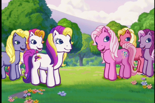 Size: 540x360 | Tagged: safe, screencap, character:pinkie pie (g3), character:puzzlemint, character:rainbow dash (g3), character:sunny daze (g3), character:wysteria, episode:greetings from unicornia, g3, animated