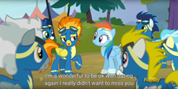 Size: 1920x970 | Tagged: safe, screencap, character:high winds, character:misty fly, character:rainbow dash, character:silver lining, character:soarin', character:spitfire, character:surprise, species:pony, episode:newbie dash, g4, my little pony: friendship is magic, bandage, dating, discovery family logo, eye contact, implied lesbian, implied shipping, implied spitdash, lidded eyes, meme, open mouth, smiling, wonderbolts uniform, youtube caption