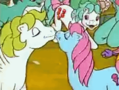 Size: 474x360 | Tagged: safe, screencap, character:baby cuddles, character:cupcake (g1), character:fizzy, character:megan williams, character:surprise, species:human, episode:the end of flutter valley, g1, my little pony 'n friends, animated, cropped, horses doing horse things, kissing, out of context, shipping fuel