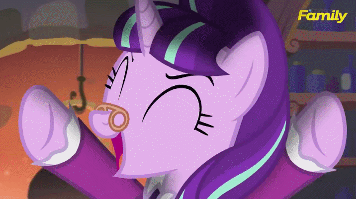 Size: 716x401 | Tagged: safe, screencap, character:snowfall frost, character:starlight glimmer, species:pony, species:unicorn, episode:a hearth's warming tail, g4, my little pony: friendship is magic, animated, clothing, discovery family logo, female, gif, glasses, good trick, mare, solo, spinning, you spin me right round