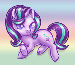 Size: 897x783 | Tagged: safe, artist:mcponyponypony, character:starlight glimmer, species:pony, species:unicorn, blurred background, colored hooves, colored pupils, cute, female, glimmerbetes, looking at you, mare, prone, solo
