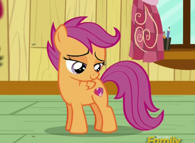 Size: 685x503 | Tagged: safe, screencap, character:apple bloom, character:scootaloo, species:pegasus, species:pony, episode:on your marks, g4, my little pony: friendship is magic, animated, clubhouse, cropped, crusaders clubhouse, cutie mark, cutie mark adoration, discovery family logo, fluttering, the cmc's cutie marks