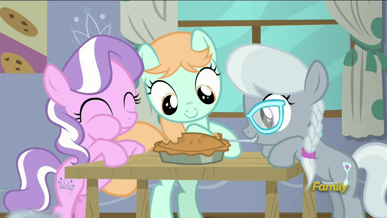 Size: 1280x720 | Tagged: safe, screencap, character:diamond tiara, character:peach fuzz, character:silver spoon, episode:on your marks, g4, my little pony: friendship is magic, animated, chewing, cute, diamondbetes, diapeaches, discovery family logo, eating, feeding, food, fork, friends, happy, new friendship, pie, puffy cheeks, silverbetes, tiara