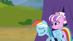 Size: 1280x720 | Tagged: safe, screencap, character:nurse sweetheart, character:rainbow dash, episode:newbie dash, g4, my little pony: friendship is magic, bandage, duo, eyes closed, freckles, lidded eyes, raised hoof, smiling
