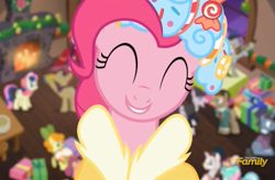 Size: 519x341 | Tagged: safe, screencap, character:baroque cloak, character:bon bon, character:carrot top, character:golden harvest, character:pinkie pie, character:sweetie drops, species:earth pony, species:pony, species:unicorn, episode:a hearth's warming tail, g4, my little pony: friendship is magic, background pony, bonnie rose, discovery family logo, female, male, mare, solo focus, spirit of hearth's warming presents, stallion, unnamed pony
