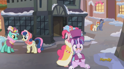 Size: 1478x826 | Tagged: safe, screencap, character:bon bon, character:lyra heartstrings, character:pinkie pie, character:snowfall frost, character:starlight glimmer, character:sweetie drops, species:earth pony, species:pegasus, species:pony, species:unicorn, episode:a hearth's warming tail, g4, my little pony: friendship is magic, background pony, bow bonnet, discovery family logo, female, male, mare, spirit of hearth's warming presents, stallion, unnamed pony