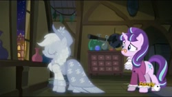 Size: 1120x630 | Tagged: safe, screencap, character:applejack, character:snowfall frost, character:starlight glimmer, species:pony, species:unicorn, episode:a hearth's warming tail, g4, my little pony: friendship is magic, clothing, discovery family logo, pince-nez, spats, spirit, spirit of hearth's warming past