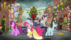 Size: 1920x1080 | Tagged: safe, screencap, character:berry punch, character:berryshine, character:cloud kicker, character:neon lights, character:pinkie pie, character:rising star, character:written script, species:earth pony, species:pony, species:unicorn, episode:a hearth's warming tail, g4, my little pony: friendship is magic, background pony, bell, canterlot, discovery family logo, female, male, mare, mouth hold, spirit, spirit of hearth's warming presents, stallion, wreath