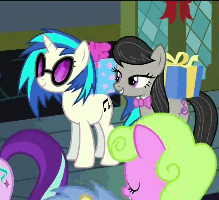 Size: 700x640 | Tagged: safe, screencap, character:daisy, character:dj pon-3, character:goldengrape, character:octavia melody, character:starlight glimmer, character:vinyl scratch, episode:a hearth's warming tail, g4, my little pony: friendship is magic, animated, headbob, implied mute, singing