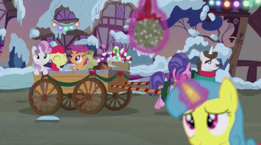 Size: 853x474 | Tagged: safe, screencap, character:apple bloom, character:cookie crumbles, character:hondo flanks, character:lemon hearts, character:scootaloo, character:sweetie belle, species:pegasus, species:pony, episode:a hearth's warming tail, g4, my little pony: friendship is magic, animated, autumn leaf, blushing, cart, clothing, cute, female, hat, kiss on the cheek, kissing, lemonleaf, magic, male, mistletoe, rarity's parents, shipping, straight, telekinesis