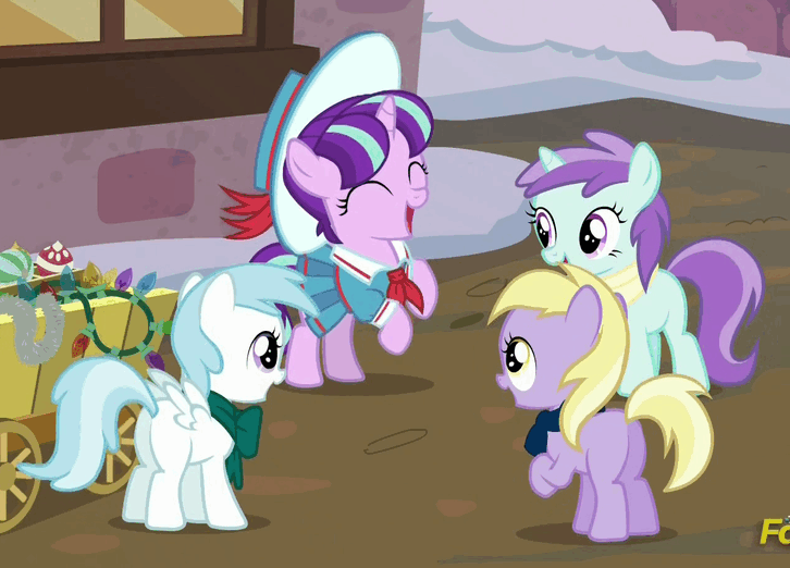 Size: 726x522 | Tagged: safe, screencap, character:cotton cloudy, character:dinky hooves, character:liza doolots, character:petunia, character:snowfall frost, character:starlight glimmer, character:tootsie flute, species:pegasus, species:pony, species:unicorn, episode:a hearth's warming tail, g4, my little pony: friendship is magic, animated, butt, cottonbetes, cute, dinkabetes, eyes closed, female, filly, glimmerbetes, hoofy-kicks, loop, open mouth, plot, rearing, tootsie cute