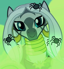 Size: 216x233 | Tagged: safe, screencap, character:zecora, species:pony, species:zebra, episode:luna eclipsed, g4, my little pony: friendship is magic, alternate hairstyle, beautiful, clothing, costume, cropped, ear piercing, earring, female, jewelry, long hair, mare, neck rings, nightmare night costume, piercing, smiling, solo, spider, witch