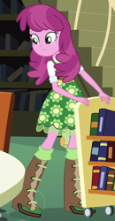 Size: 422x811 | Tagged: safe, screencap, character:cheerilee, character:snails, my little pony:equestria girls, book cart, cellphone, clothing, phone, skirt, smartphone
