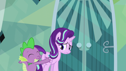Size: 1920x1080 | Tagged: safe, screencap, character:spike, character:starlight glimmer, episode:the crystalling, g4, my little pony: friendship is magic, butt touch, eyes closed, frown, hand on butt, licking, licking lips, out of context, pushing, rump push, tongue out