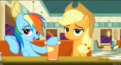Size: 1276x688 | Tagged: safe, screencap, character:applejack, character:rainbow dash, episode:the saddle row review, g4, my little pony: friendship is magic, cafe, discovery family logo, faec, honey curls, lidded eyes, mare e. lynn, smug, smugdash, smugjack