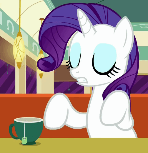Size: 503x522 | Tagged: safe, screencap, character:rarity, episode:the saddle row review, g4, my little pony: friendship is magic, air quotes, animated, eyes closed, fabulous, implying, loop, open mouth, solo, talking, teabag, teacup, underhoof