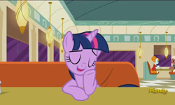 Size: 795x477 | Tagged: safe, screencap, character:beaude mane, character:joan pommelway, character:twilight sparkle, character:twilight sparkle (alicorn), species:alicorn, species:pony, episode:the saddle row review, g4, my little pony: friendship is magic, background pony, cafe, discovery family logo, eyes closed, female, joan holloway, leaning, mad men, male, mare, open mouth, smiling, stallion