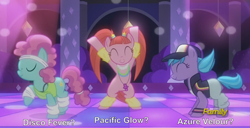 Size: 1204x618 | Tagged: safe, screencap, character:azure velour, character:pacific glow, episode:the saddle row review, g4, my little pony: friendship is magic, discovery family logo, flashdancer, not pinkie pie, pacifier