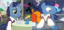 Size: 835x403 | Tagged: safe, screencap, character:blue bobbin, character:joan pommelway, character:waxton, species:earth pony, species:pony, species:unicorn, episode:the gift of the maud pie, episode:the saddle row review, g4, my little pony: friendship is magic, background pony, comparison, glowing horn, horn, male, race swap, stallion