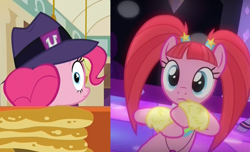 Size: 996x604 | Tagged: safe, screencap, character:pacific glow, character:pinkie pie, episode:the saddle row review, episode:too many pinkie pies, g4, my little pony: friendship is magic, /co/nrad, blink and you'll miss it, clone, clothing, comparison, conspiracy, eating, faec, fedora, food, frown, grin, hat, implied mirror pool, lizard people, looking at you, looking back, mirror pool, not pinkie pie, pacifier, pancakes, pinkie clone, puffy cheeks, raised eyebrow, self ponidox, smirk, the clone that got away, who knows, wide eyes