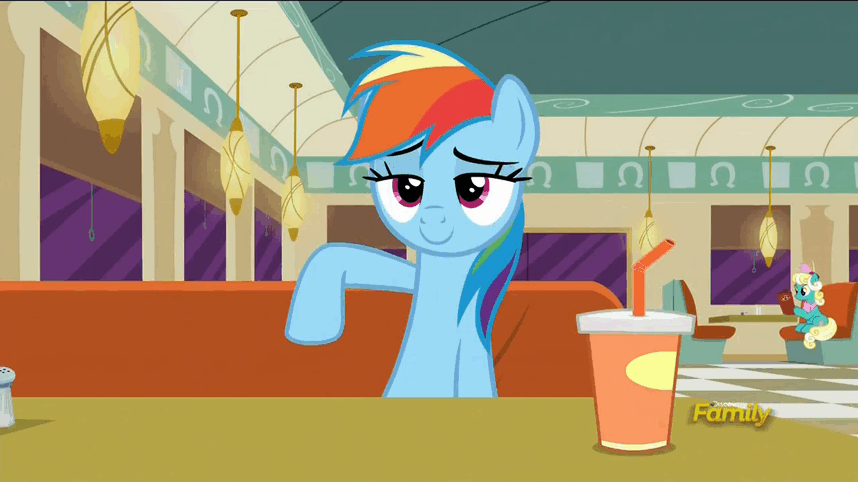 Size: 858x482 | Tagged: safe, screencap, character:rainbow dash, episode:the saddle row review, g4, my little pony: friendship is magic, animated, brian lenard, dialogue, discovery family logo, doomed, faec, imitation, impersonating, marshmelodrama, rainbow dash is best facemaker, rainbow fash, rainbowdrama, restaurant, subtitles