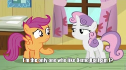 Size: 960x539 | Tagged: safe, screencap, character:scootaloo, character:sweetie belle, species:pegasus, species:pony, demo reel, doug walker, engrish, impact font, scootaloo is wrong about everything