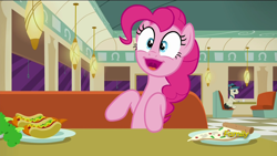 Size: 1920x1080 | Tagged: safe, screencap, character:pinkie pie, episode:the saddle row review, g4, my little pony: friendship is magic, :3, carrot, carrot dog, catface, discovery family logo, food, lucky breaks, pizza, solo