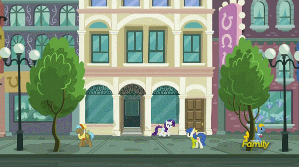 Size: 599x336 | Tagged: safe, screencap, character:neigh sayer, character:perfect pace, character:rarity, species:earth pony, species:pony, species:unicorn, episode:the saddle row review, g4, my little pony: friendship is magic, animated, background pony, blueberry curls, bubblegum blossom, discovery family logo, female, manehattan, mare, rarity for you, saddle row, solo