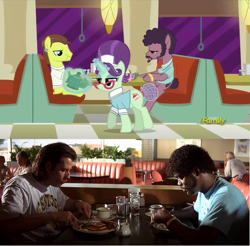 Size: 1277x1255 | Tagged: safe, screencap, character:sweet service, episode:the saddle row review, g4, my little pony: friendship is magic, jules winfield, jules winnfield, magic, pulp fiction, restaurant, telekinesis, vincent vega, waitress