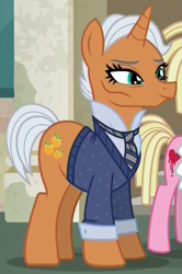 Size: 393x592 | Tagged: safe, screencap, character:bleeding heart, character:starke kragen, episode:the saddle row review, g4, my little pony: friendship is magic, karl lagerfeld, smiling, solo focus