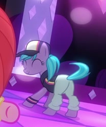 Size: 342x412 | Tagged: safe, screencap, character:azure velour, character:pacific glow, species:pony, episode:the saddle row review, g4, my little pony: friendship is magic, clothing, cropped, dancing, female, happy, jeans, mare, pants, plot