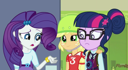 Size: 1204x660 | Tagged: safe, screencap, character:applejack, character:rarity, character:twilight sparkle, character:twilight sparkle (scitwi), species:eqg human, equestria girls:friendship games, g4, my little pony:equestria girls, discovery family logo, magic capture device
