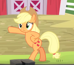 Size: 495x435 | Tagged: safe, screencap, character:applejack, episode:applejack's day off, bipedal, solo