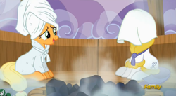Size: 2433x1337 | Tagged: safe, screencap, character:applejack, character:rarity, episode:applejack's day off, clothing, discovery family logo, robe, sauna, towel