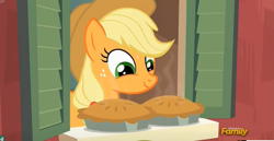 Size: 2441x1261 | Tagged: safe, screencap, character:applejack, episode:applejack's day off, discovery family logo, food, pie, sweat