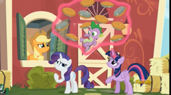 Size: 2499x1389 | Tagged: safe, screencap, character:applejack, character:rarity, character:spike, character:twilight sparkle, character:twilight sparkle (alicorn), species:alicorn, species:pony, episode:applejack's day off, discovery family logo, female, food, magic, mare, pie, telekinesis