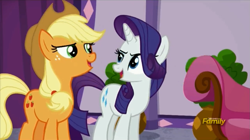 Size: 1277x713 | Tagged: safe, screencap, character:applejack, character:rarity, episode:applejack's day off, discovery family logo